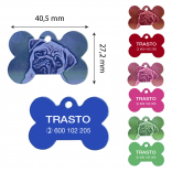 Placas en aluminio para mascotas en forma de hueso y varios colores.